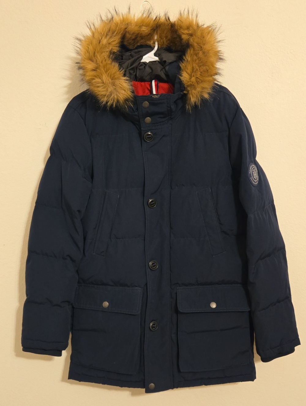 Tommy Hilfiger Navy Puffer Parka with Faux Fur Hood Trim - Small